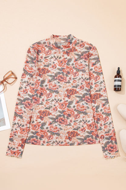 White Retro Floral Print Mock Neck Mesh Long Sleeve Top