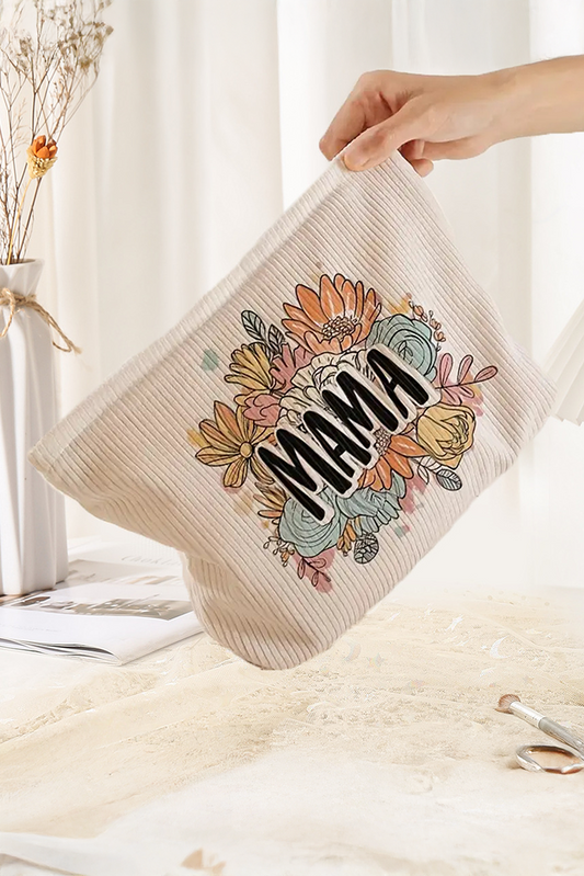 White MAMA Flower Print Corduroy Large Cosmetic Bag