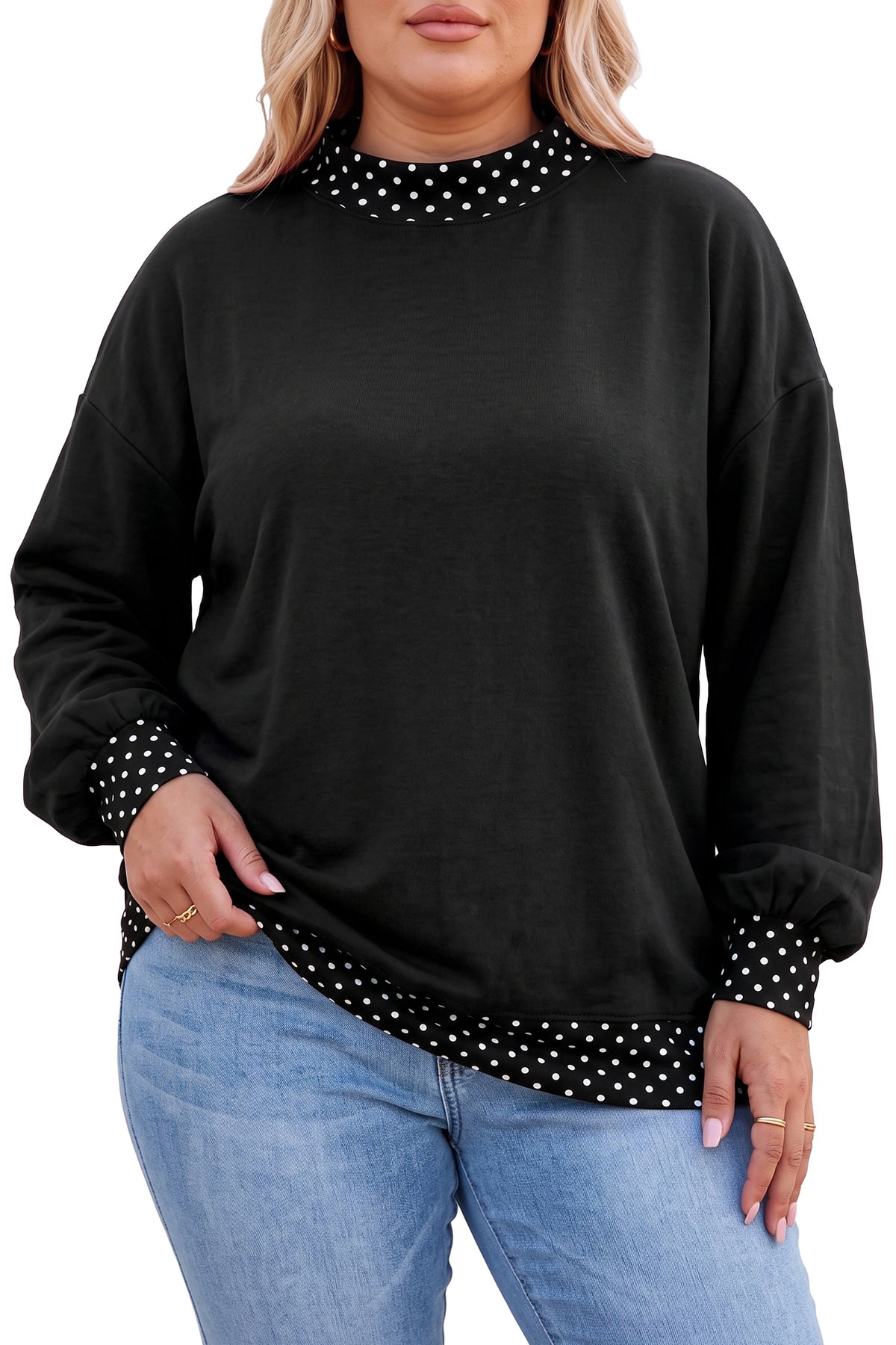 Dirty blue Polka Dot Patchwork Round Neck Plus Size Sweatshirt