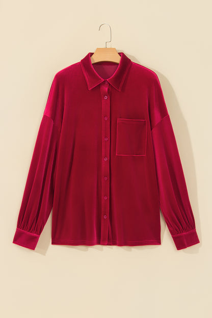 Fiery Red Soft Velvet Patch Pocket Button Down Loose Shirt