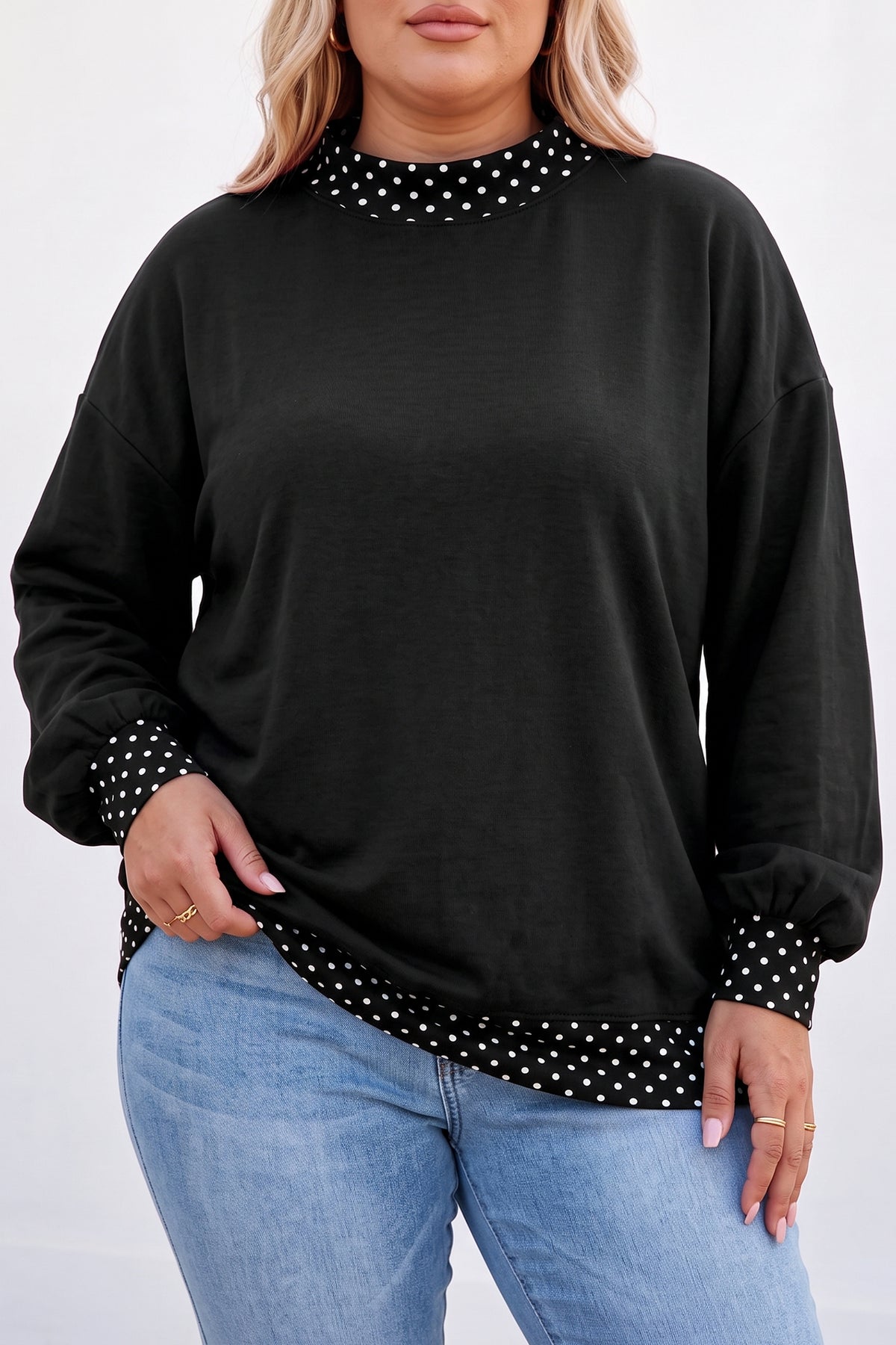 Dirty blue Polka Dot Patchwork Round Neck Plus Size Sweatshirt