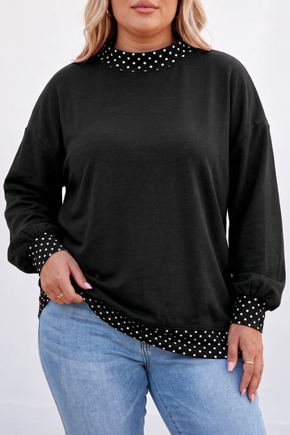 Dirty blue Polka Dot Patchwork Round Neck Plus Size Sweatshirt