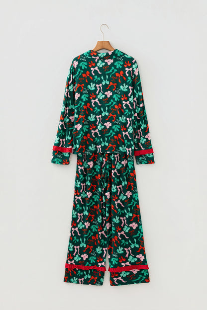 Green Festive Bow Print 2pcs Pajama Pant Set