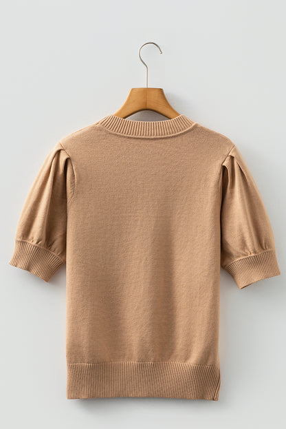 Light French Beige Solid Color Knit Short Puff Sleeve Sweater