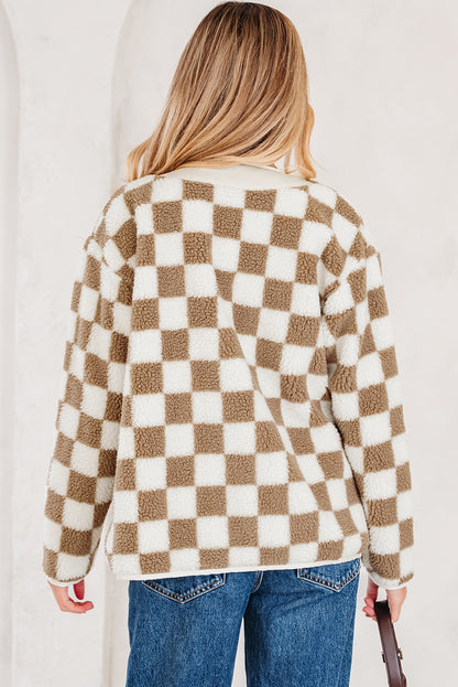Brown Checkered Sherpa Buttoned Front Chunky Jacket