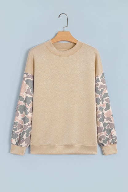 Coffee Camouflage Sleeve Crewneck Baggy Pullover Sweatshirt