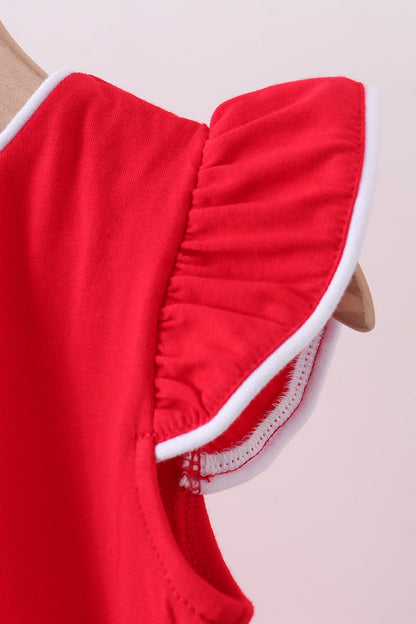 Red flutter sleeve scalloped top