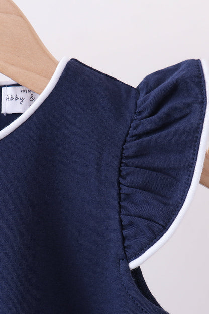 Navy flutter sleeve scalloped top