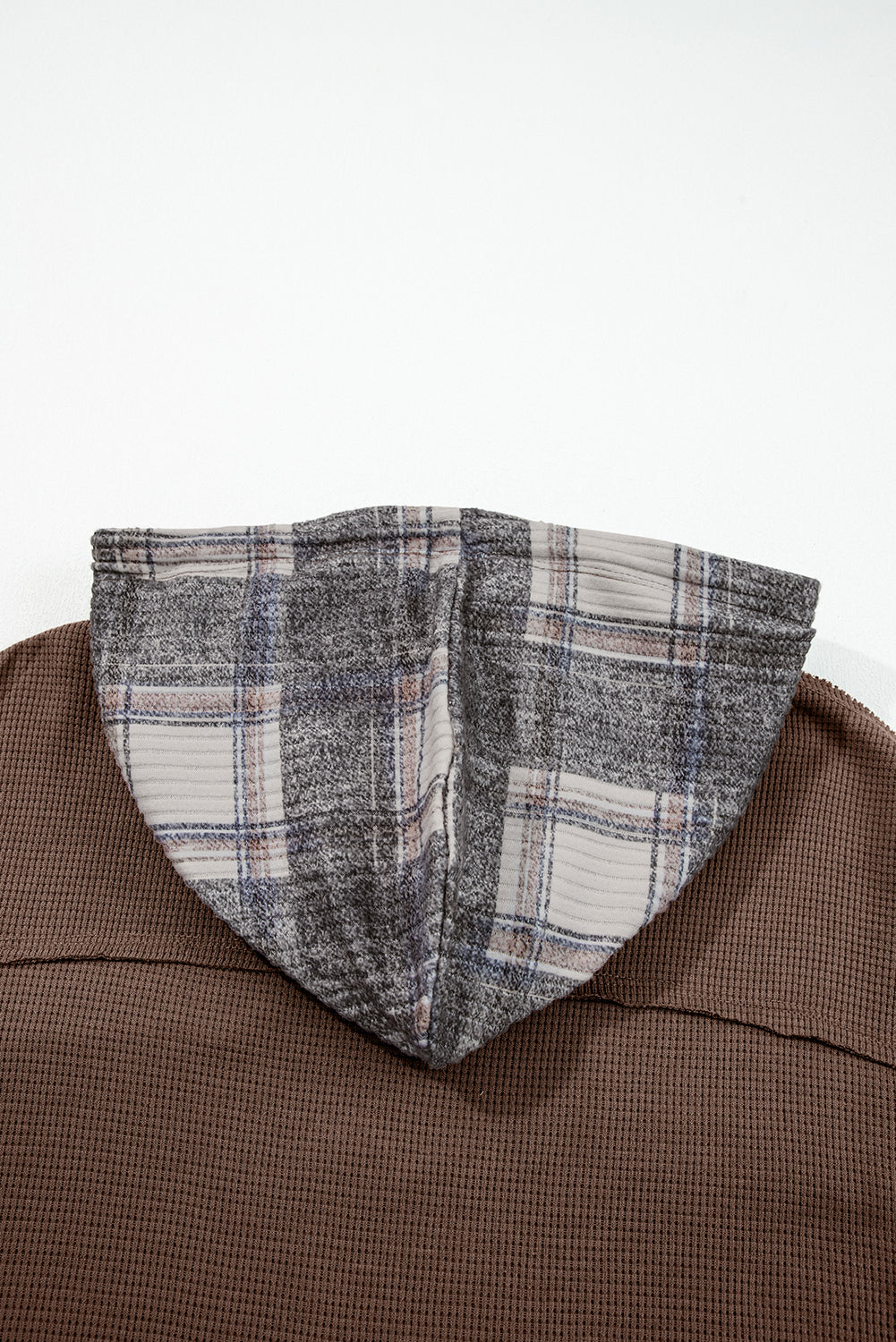 Brown Plaid Patchwork Button Down Drawstring Hooded Shacket