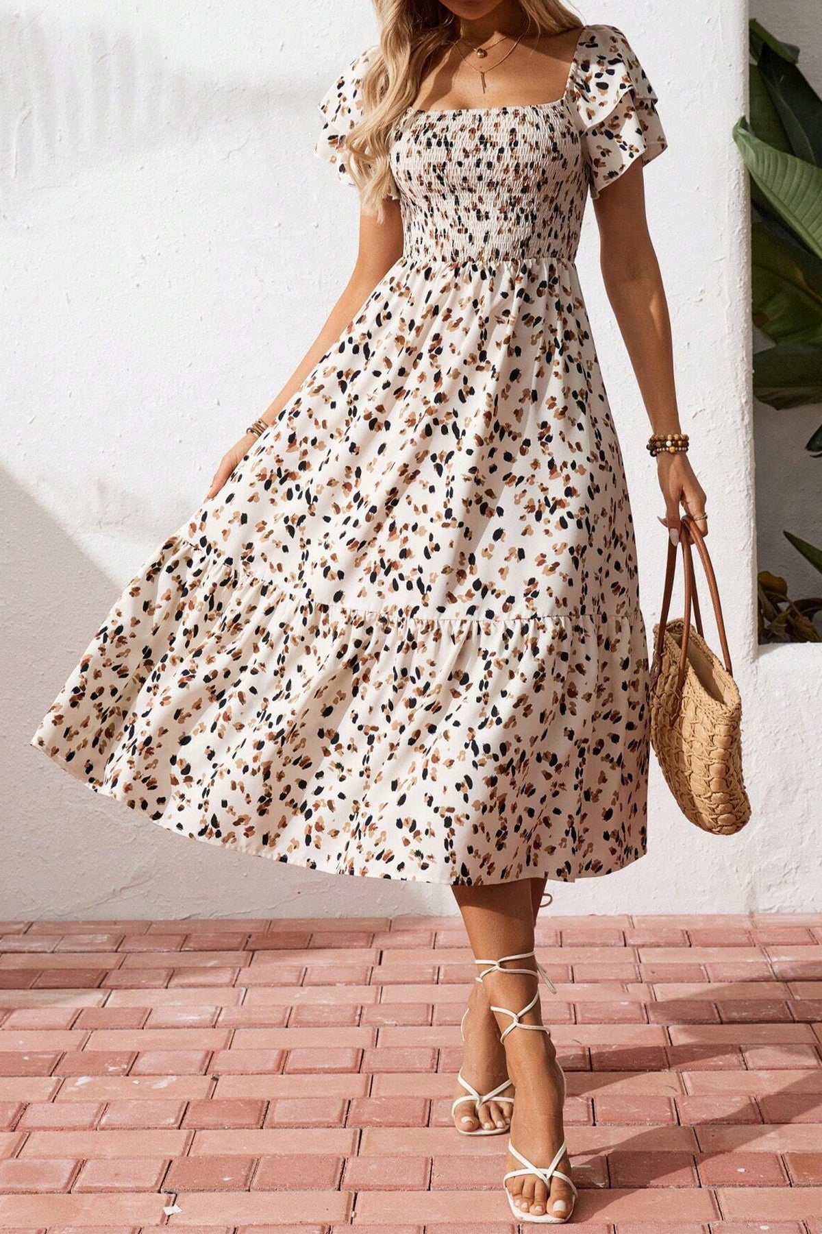 Beige Ditsy Floral Print Smocked Square Neck Ruffle Short Sleeve Dress