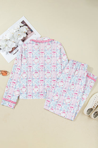 Pink Bow Wreath Pattern Christmas Holiday Tied Front Long Sleeve 2pcs Pajama Set