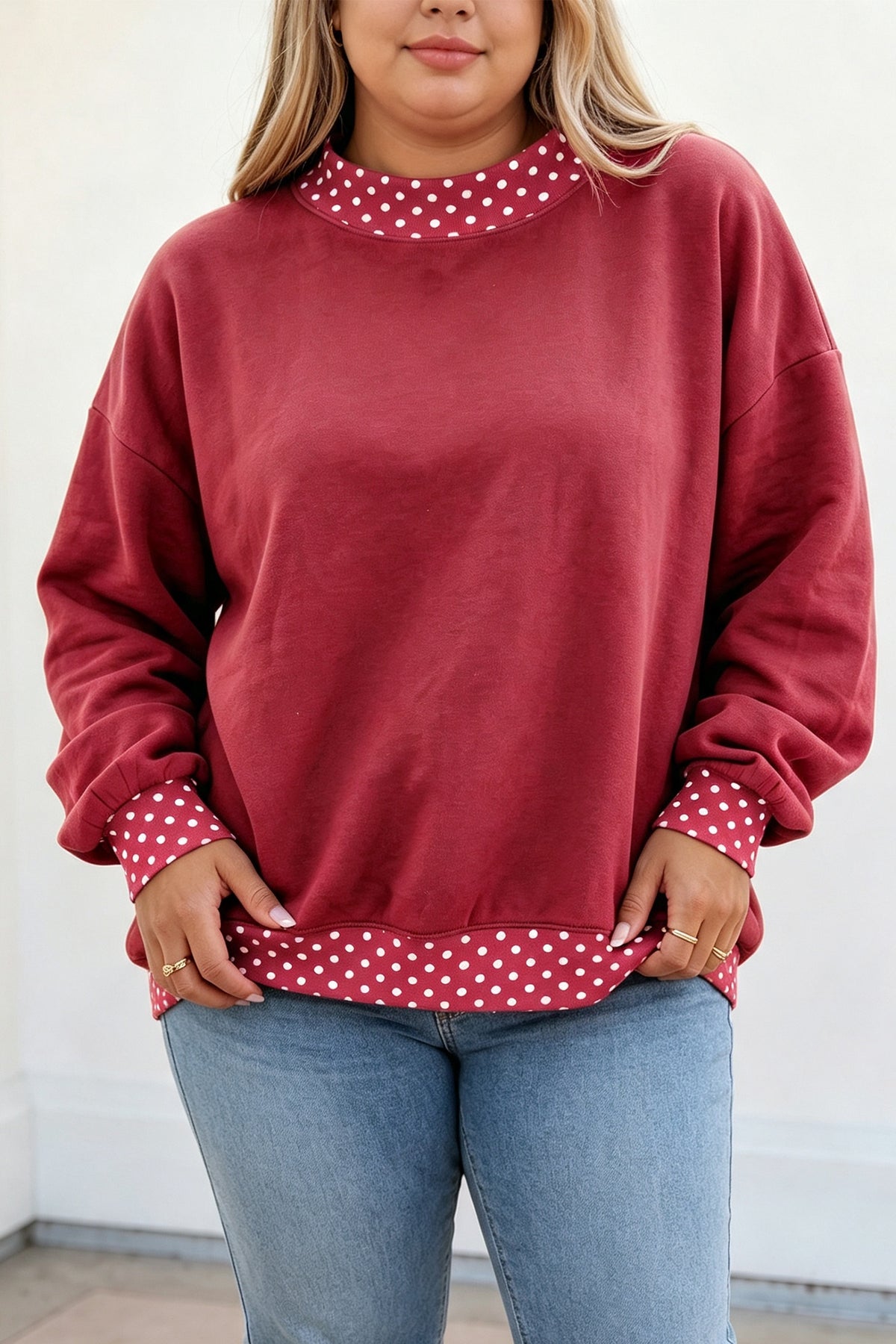 Dirty blue Polka Dot Patchwork Round Neck Plus Size Sweatshirt
