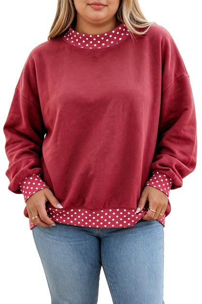 Dirty blue Polka Dot Patchwork Round Neck Plus Size Sweatshirt