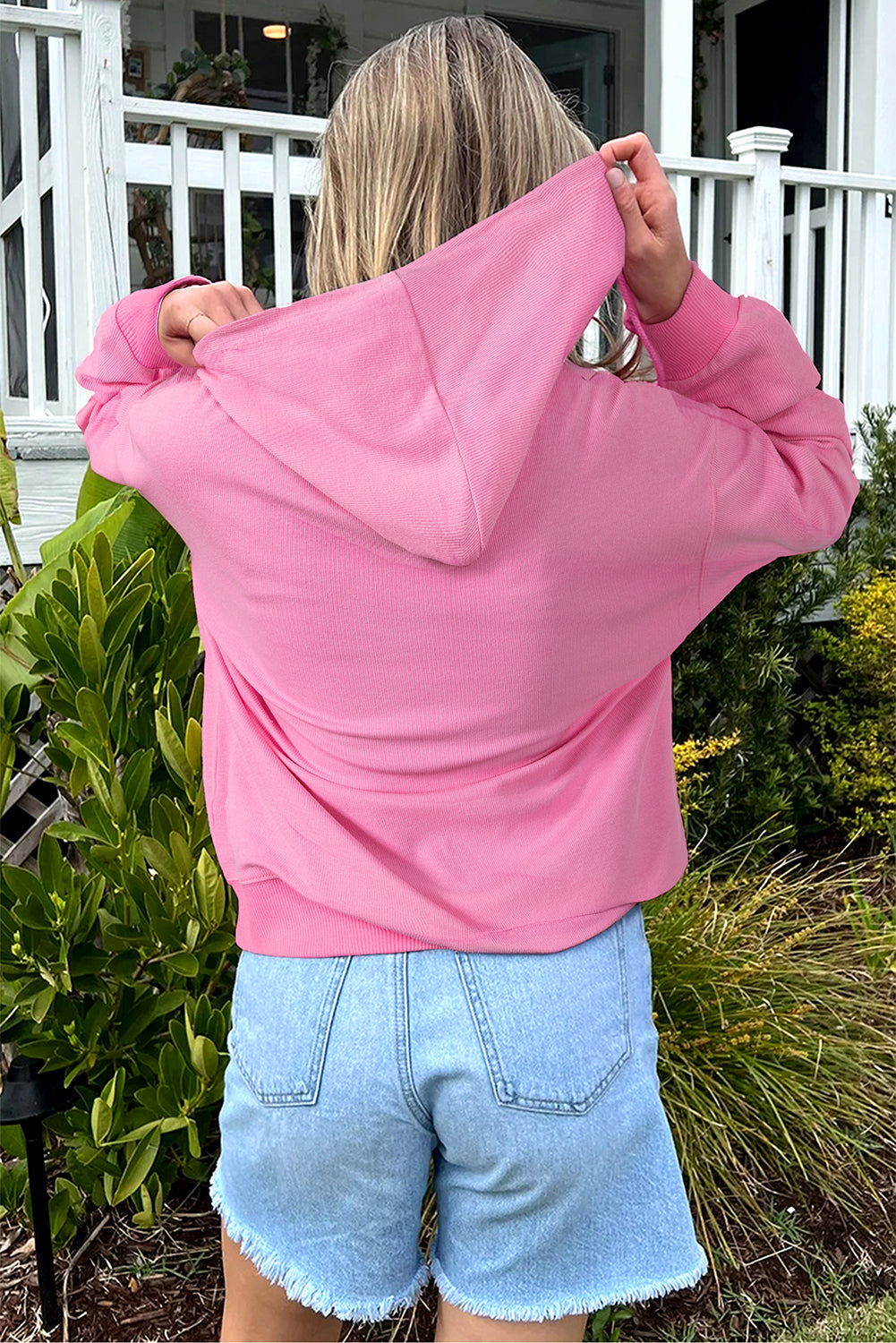 Sachet Pink Solid Color Ribbed Zip Up Drawstring Hooded Jacket