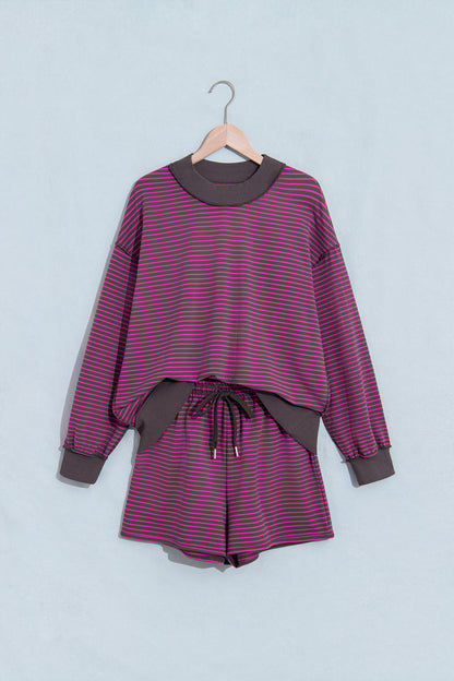Blue Stripe Ribbed Patchwork Mock Neck Baggy Pullover Matching Shorts Set
