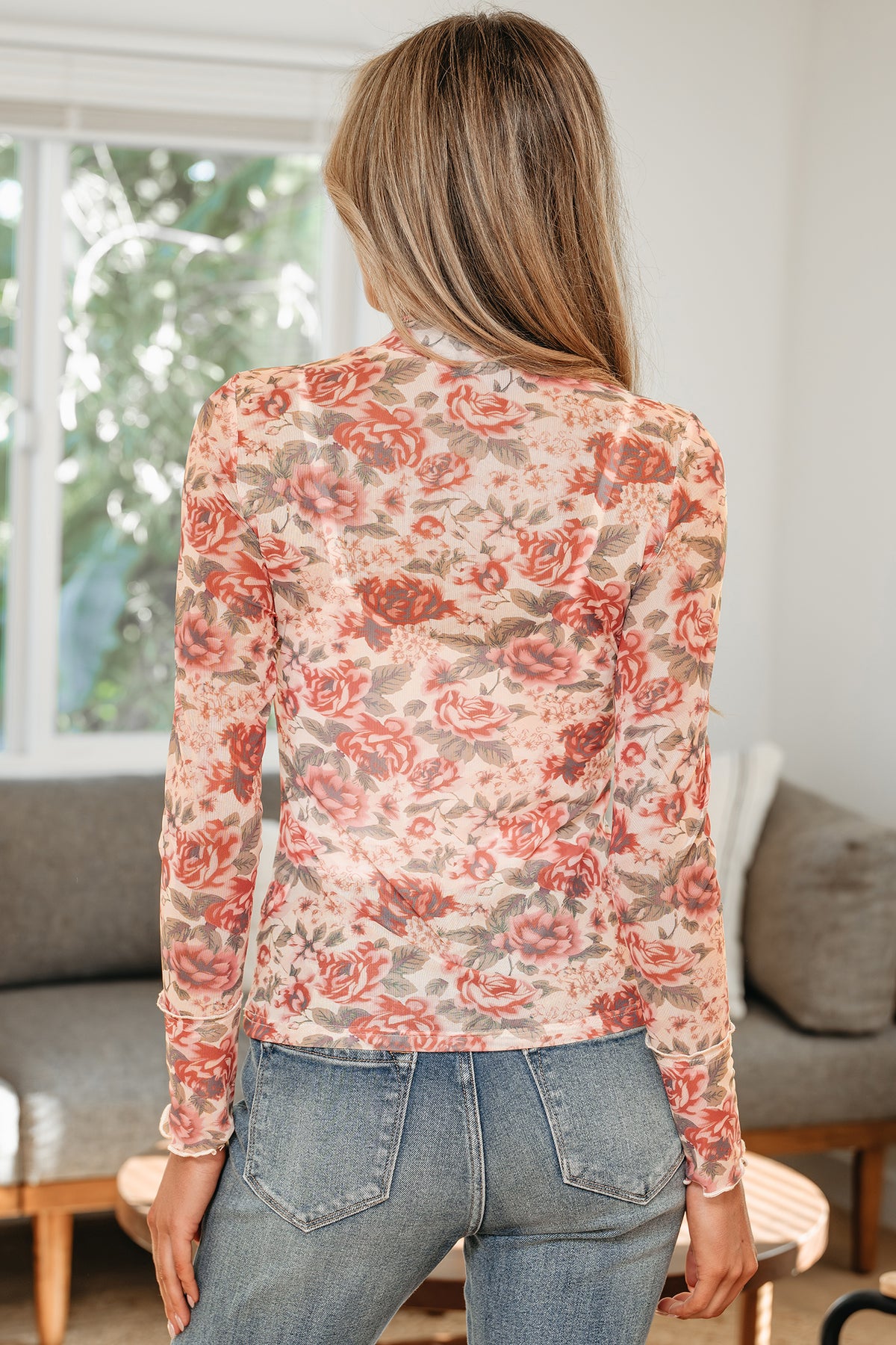 White Retro Floral Print Mock Neck Mesh Long Sleeve Top