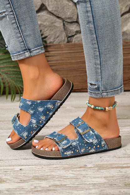 Dark Blue American Flag Retro Buckle Straps Hollowed Faux Suede Slippers