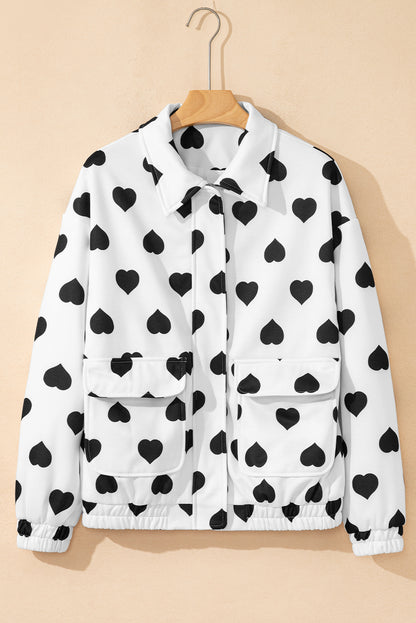 White Double Flap Pocket Heart Print Collar Zip Jacket