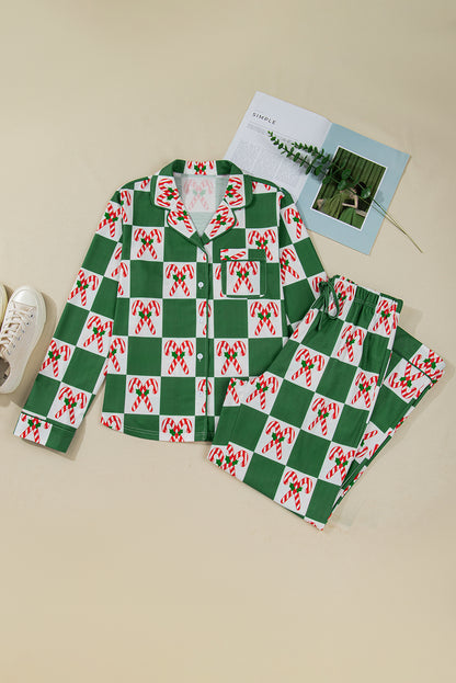 Green Holly Jolly Checkered Pattern 2pcs Long Pajama Set