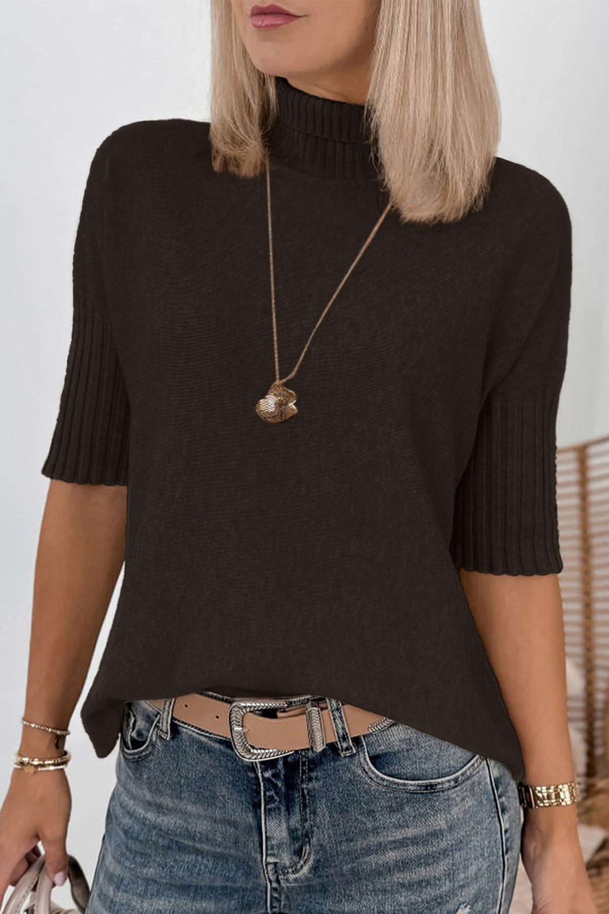 Beige Ribbed Trim High Neck Short Sleeve Casual Sweater