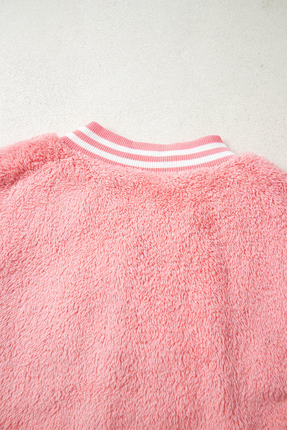 Gossamer Pink Varsity Striped Banding Patchwork Winter Plush Vest