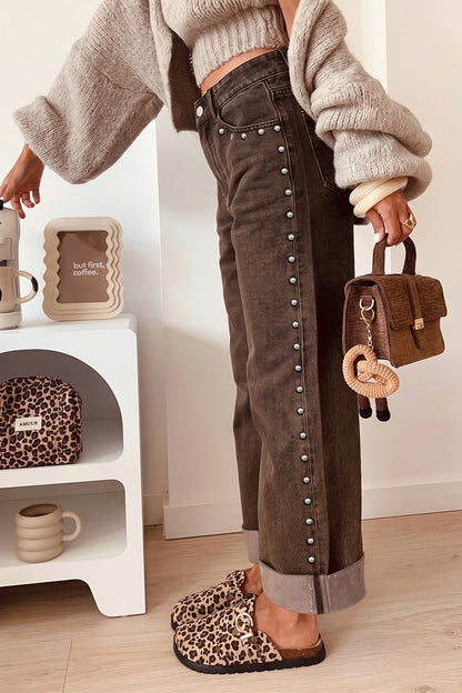Navy Blue Studded Detail Straight Leg Casual Loose Jeans