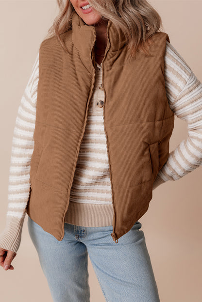 Beige Corduroy Stand Neck Zipped Puffer Vest