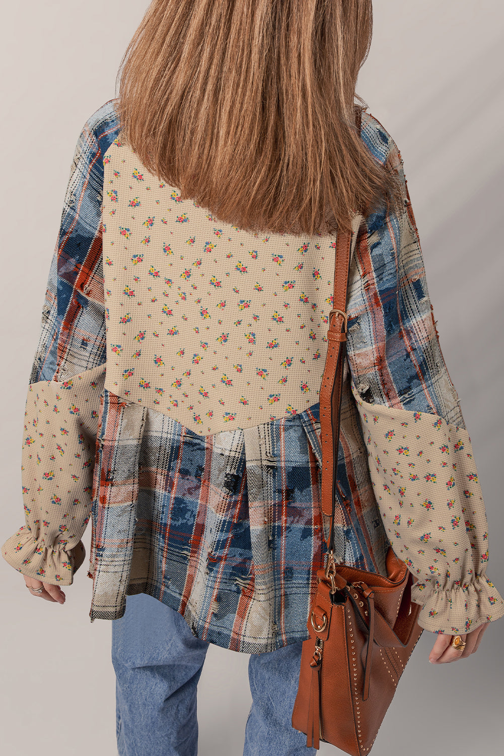 Oatmeal Boho Floral Plaid Patchwork Distressed Detail Ruffled Sleeve Waffle Knit Shacket