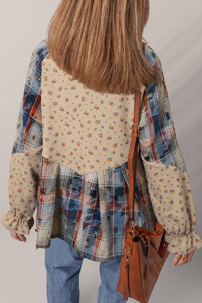 Oatmeal Boho Floral Plaid Patchwork Distressed Detail Ruffled Sleeve Waffle Knit Shacket