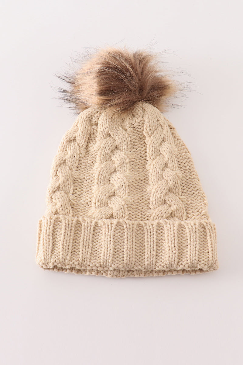 Beige pompom  cable beanie hat