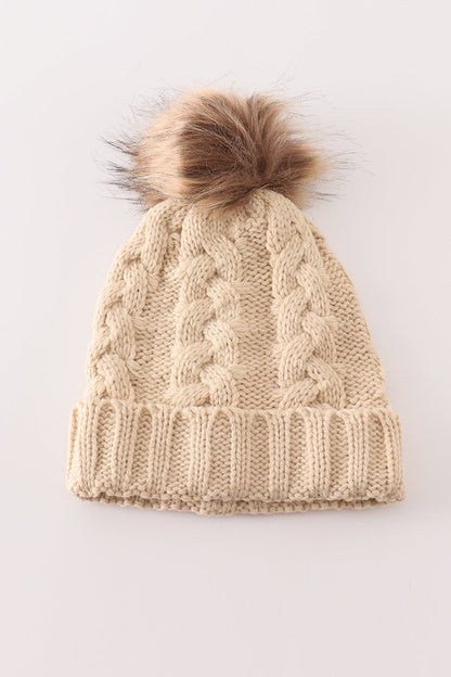 Beige pompom  cable beanie hat