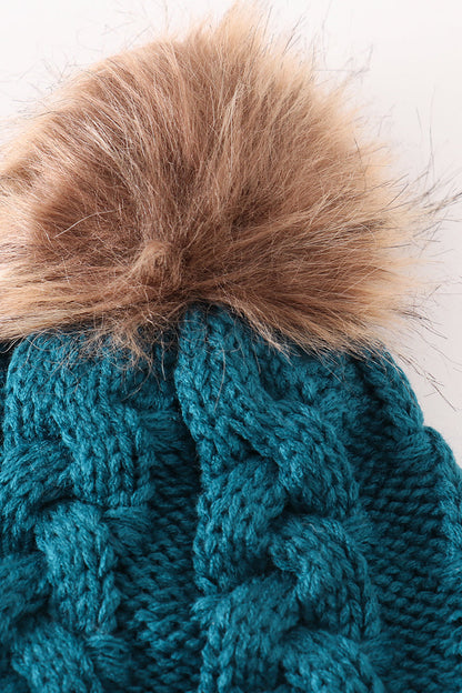 Teal pompom cable beanie hat