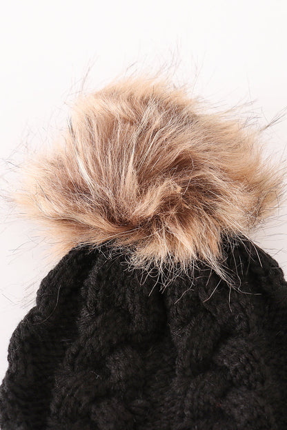 Black pompom cable beanie hat