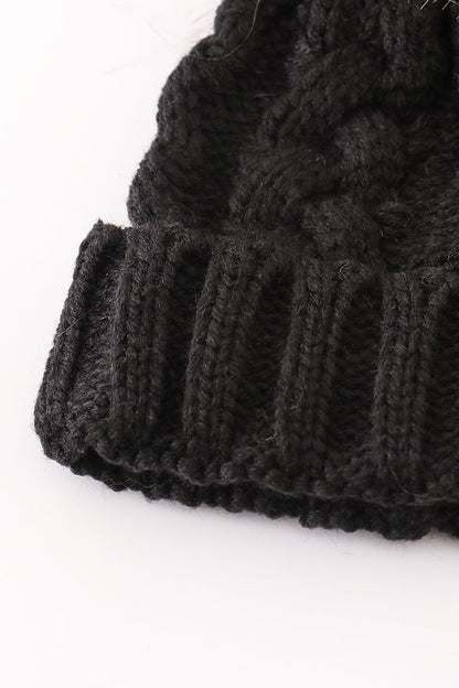 Black pompom cable beanie hat