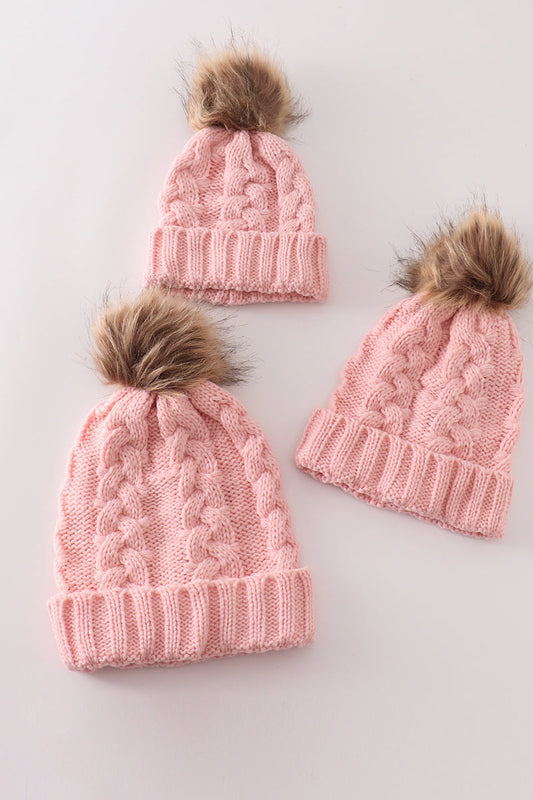 Pink pompom cable beanie hat