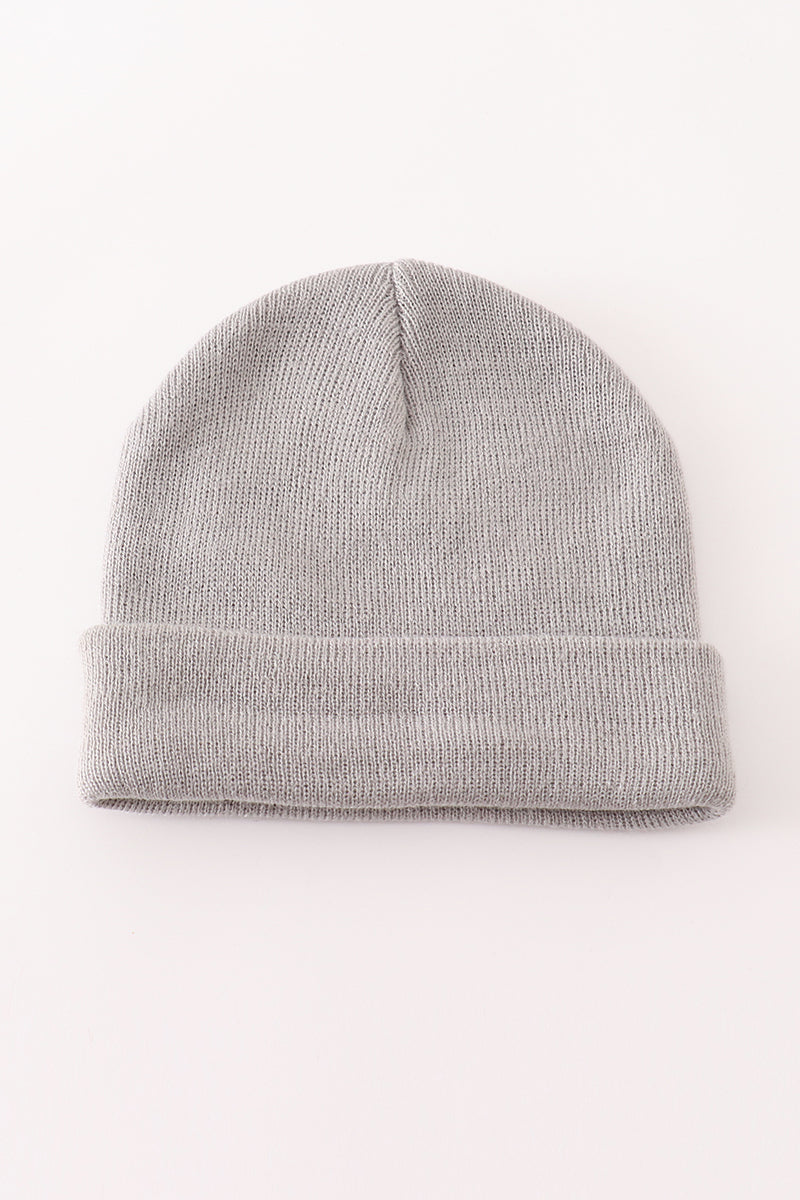 Grey ribbed basic knit beanie hat
