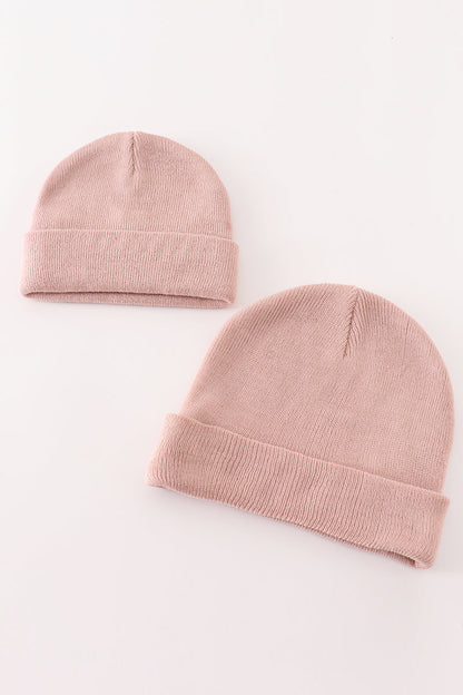 Pink ribbed basic knit beanie hat