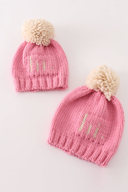 Pink pompom hi cable beanie hat