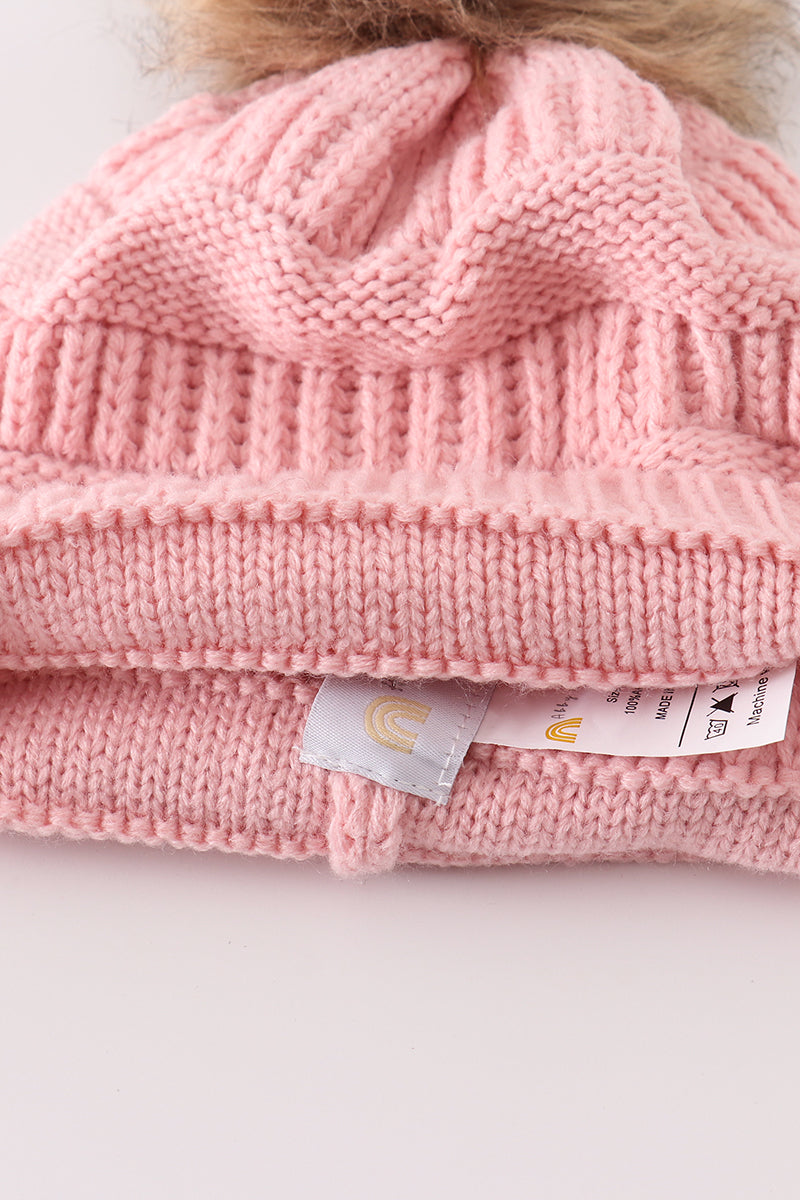 Pink pompom cable beanie hat
