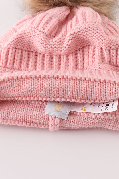 Pink pompom cable beanie hat