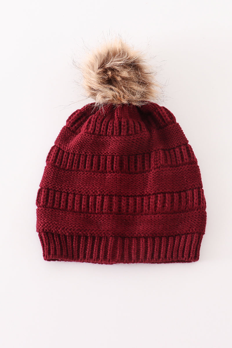 Burgundy pompom cable beanie hat