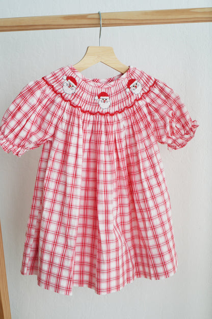 Red christmas santa claus hand smocked plaid dress