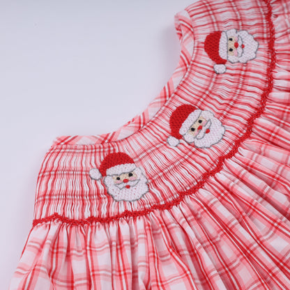 Red christmas santa claus hand smocked plaid ruffle pants set