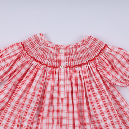 Red christmas santa claus hand smocked plaid ruffle pants set