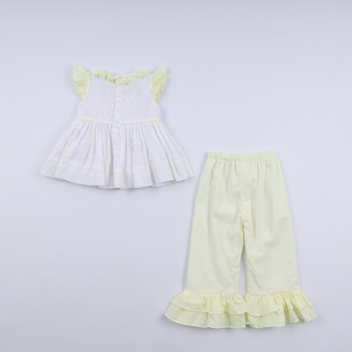 Mustard character hand smocked ruffle pants set
