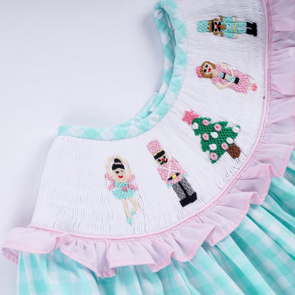 Mint christmas nutcracker hand smocked gingham ruffle pants set