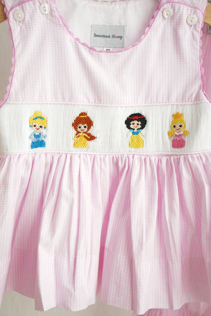 Pink princess hand smocked plaid ruffle pants set