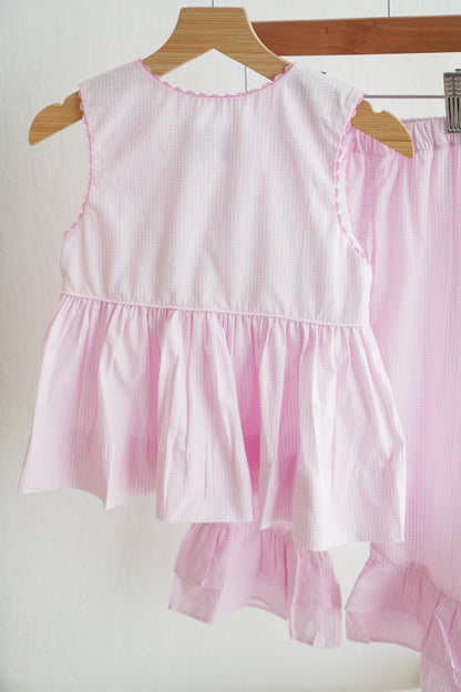 Pink princess hand smocked plaid ruffle pants set