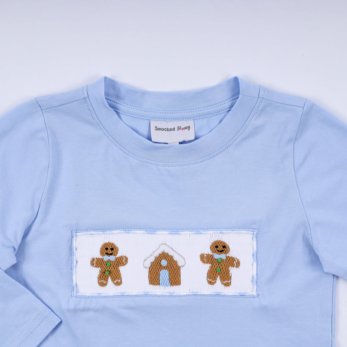 Blue gingerbread hand smocked gingham pants set