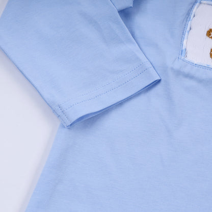 Blue gingerbread hand smocked gingham pants set